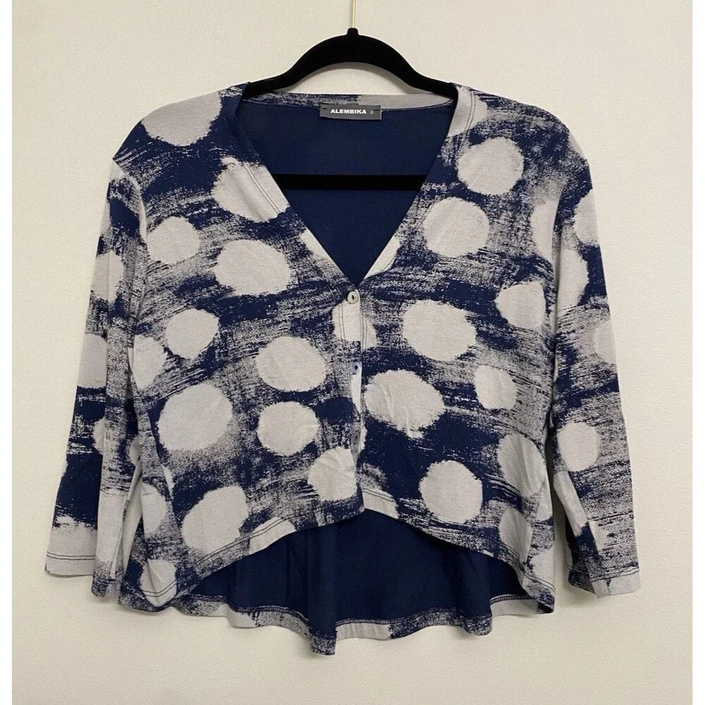 Alembika Cloud Crop Cardigan Jacket Women’s 0 Blue Polka Dot Abstract Lagenlook